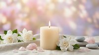Spa wellness scene with lit candle, white flowers, smooth stones and rose petals on soft towel against dreamy bokeh background for relaxation.