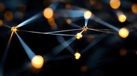 Abstract network connections with glowing nodes and light beams creating digital communication pathways for technology and data visualization concepts.