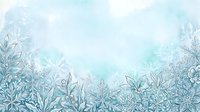 Frost-covered botanical foliage border with delicate ice crystals and frozen leaves creating a winter garden frame on soft blue watercolor background.