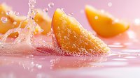 Fresh orange slice splashing in water with water drops and bubbles creating dynamic motion against pink background, macro food photography.
