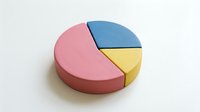 Colorful wooden pie chart with pink blue and yellow segments on white background for business data visualization and educational materials.
