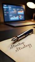 Fountain pen resting on a note with startup strategy text, laptop with analytics charts in background, moody office setting.