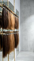 Hair extension samples displayed on golden racks in modern salon showroom with concrete wall background for beauty business and hairstyling services.