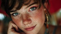 Young woman with freckles and striking green eyes against red background, showcasing natural beauty with gold hoop earrings.