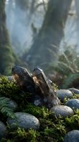 Smoky quartz crystals nestled among moss and river stones in mystical forest setting with ethereal light rays filtering through ancient trees.