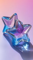 Transparent glass stars in blue and pink gradient colors with light reflections on soft pastel background, creating magical ethereal atmosphere for design projects.