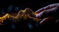 Glowing string lights creating wavy pattern in darkness with hand touching illuminated decoration, bokeh effect in background creates magical atmosphere.