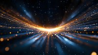 Glowing light rays burst from bright center point with blue and orange bokeh particles against dark background creating dynamic perspective effect.
