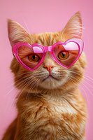 Orange tabby cat wearing pink heart-shaped sunglasses on pastel pink background for Valentine's Day greeting cards and romantic pet content.