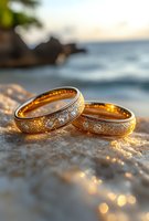 Two gold wedding bands with sparkling diamond settings rest on sandy beach with ocean waves and rocks in soft focus background, perfect for wedding, engagement, jewelry, and love-themed designs.