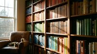 Sunlit home library with floor-to-ceiling wooden bookshelves filled with colorful books and a leather armchair by the window.