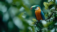 Vibrant channel-billed toucan perched on green branch in tropical rainforest, selective focus creates dreamy bokeh effect highlighting exotic bird plumage.
