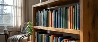 Cozy home library with wooden bookshelf filled with colorful books near bright window. Warm reading nook with natural light for studying and relaxation.