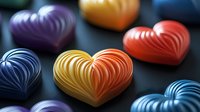 Colorful paper hearts with layered ribbed texture on dark background. Romantic origami craft creates dimensional valentine decoration with elegant curved lines and soft shadows.