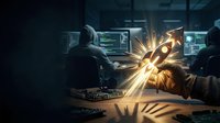 Hackers in dark hoodies working at computers with glowing digital data streams and light effects in a modern tech environment for cybersecurity concepts.