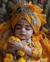 Young child in ornate yellow traditional Indian dress and jeweled turban holding marigold flowers, sleeping peacefully with traditional tilak marking on forehead.