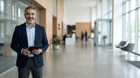 Middle-aged man with dark hair and beard, wearing navy blazer and light blue shirt, holding tablet in modern office lobby with glass partitions and blurred colleagues in background.