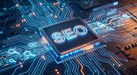 SEO microchip on futuristic circuit board with glowing connections and digital pathways for search engine optimization technology concepts.