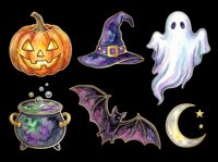 Watercolor Halloween clipart set with jack-o-lantern, witch hat, ghost, cauldron, bat, and crescent moon, isolated on transparent background, ready for stickers, T-shirts, and print on demand.