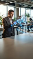 Caucasian businessman in suit interacting with glowing holographic megaphone in modern office, digital marketing and communication technology concept.