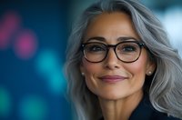 Confident mature businesswoman with silver gray hair and glasses smiling warmly against blurred bokeh background. Professional portrait showcasing natural aging and success.