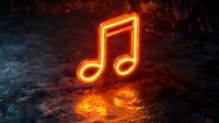Glowing orange neon music note symbol on dark textured surface with atmospheric lighting effects for entertainment and audio industry designs.