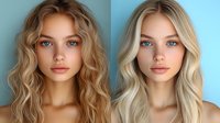 Young Caucasian woman with blonde wavy hair shown in before and after hair coloring comparison, natural makeup look and bare shoulders against blue background.
