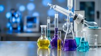 Modern chemistry laboratory with colorful chemical solutions in glassware and precision equipment for scientific research and experimentation.