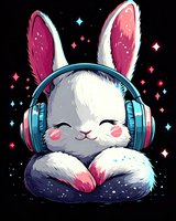 Cute kawaii bunny wearing blue headphones with happy expression on starry black background, pink and blue sparkles around. Digital art style illustration.