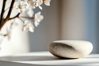Smooth beige stone with white flowering branch in soft natural light, suitable for wellness, spa, and minimalist interior design projects.