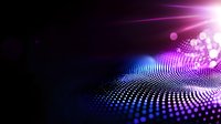 Futuristic digital wave pattern with glowing dots forming dynamic surface in purple and blue colors against dark background, abstract technology concept.