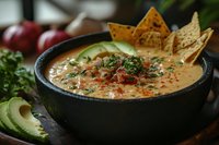 Creamy queso dip with tortilla chips, fresh herbs and diced tomatoes in black bowl. Mexican appetizer perfect for parties, game day snacks and restaurant menus.