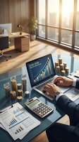 Business professional analyzing financial growth charts on laptop with coin stacks and calculator in modern office workspace for investment planning.