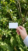 Hand holding blank white business card against lush green foliage background for branding and marketing mockup presentations.