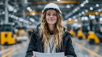 Young blonde female engineer wearing white hard hat and safety jacket smiling confidently in modern industrial manufacturing facility with machinery.