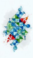 Abstract geometric composition with colorful triangles, circles and watercolor splashes on white background for modern design projects.