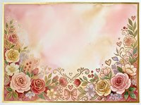 Vintage floral border with roses, peonies, and decorative elements on soft pink and cream background. Suitable for wedding invitations, greeting cards, and scrapbooking projects.