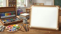 Wooden artist studio workspace with blank canvas on easel, paint supplies, brushes, and palette on desk near window with natural light for creative projects.