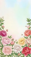 Watercolor peony flowers frame with butterflies and bees on pastel gradient background for wedding invitations, greeting cards and romantic designs.
