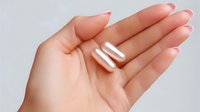 Female hand with long manicured nails holding white medical pills on light gray background. Healthcare and pharmaceutical concept for medication and supplements.