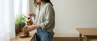 Young woman in casual shirt watering small potted plant on kitchen counter by window. Indoor gardening and plant care at home lifestyle concept.