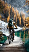 Mountain biker riding wooden boardwalk over turquoise lake surrounded by golden autumn larch trees and dramatic alpine peaks in scenic wilderness landscape.