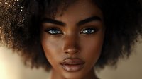 Young African American woman with natural afro hair and striking blue eyes gazing directly at camera against soft beige background, showcasing natural beauty and confidence.