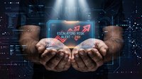 Hands holding a glowing digital alert screen with escalating risk warning arrows, futuristic HUD interface, cybersecurity and finance concept.