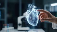 Medical professional examining transparent holographic heart model in modern laboratory for cardiology research and healthcare technology applications.