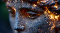 Mystical close-up portrait with glowing golden sparkles and cosmic dust overlay creating ethereal atmosphere. Face partially visible with closed eyes in dramatic lighting.