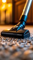 Modern vacuum cleaner head removing dirt and debris from carpet, with warm bokeh lighting in background creating cozy atmosphere. Suitable for cleaning services.