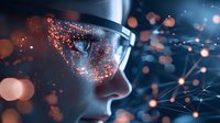 Futuristic profile view of person wearing smart glasses displaying glowing network connections and digital particles against dark background with bokeh effects.