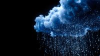 Glowing blue cloud with sparkling digital rain drops falling against black background for technology and data concepts.
