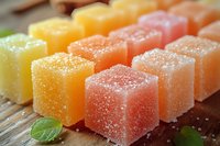 Colorful fruit jelly candy cubes covered in sugar crystals arranged on wooden surface with mint leaves for confectionery and dessert concepts.